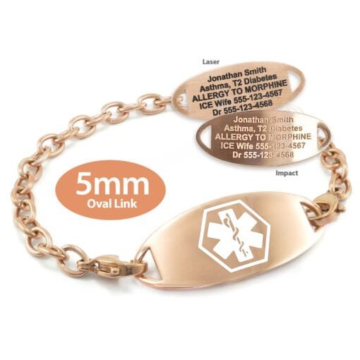 Oval Link Medical Alert Bracelet in Stainless Steel Rose Gold Finish Tag - 5mm (SR5-1)