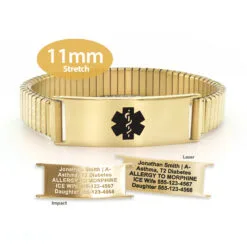 Expandable Stretch Band in 316L Stainless Steel Yellow Gold Finish with Medical ID Tag - 11mm (ST11-GBK)