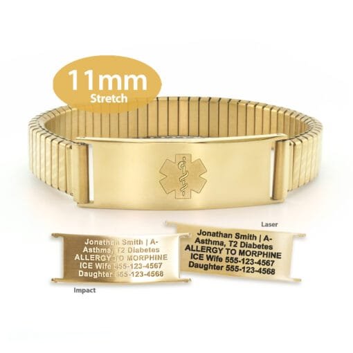 Expandable Stretch Band in 316L Stainless Steel Yellow Gold Finish with Medical ID Tag - 11mm (ST11-GEM)