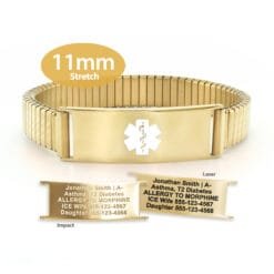 Expandable Stretch Band in 316L Stainless Steel Yellow Gold Finish with Medical ID Tag - 11mm (ST11-GWT)