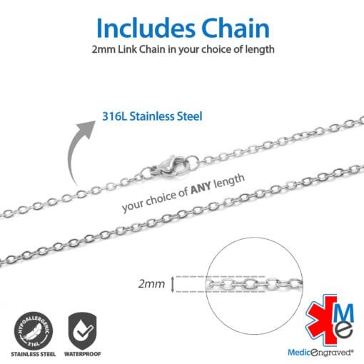 LCST-SBK - 316L Stainless Steel 21x21mm Black Circle Necklace with Custom sized 2mm Curb Link Chain - Engraving Included - Image 4