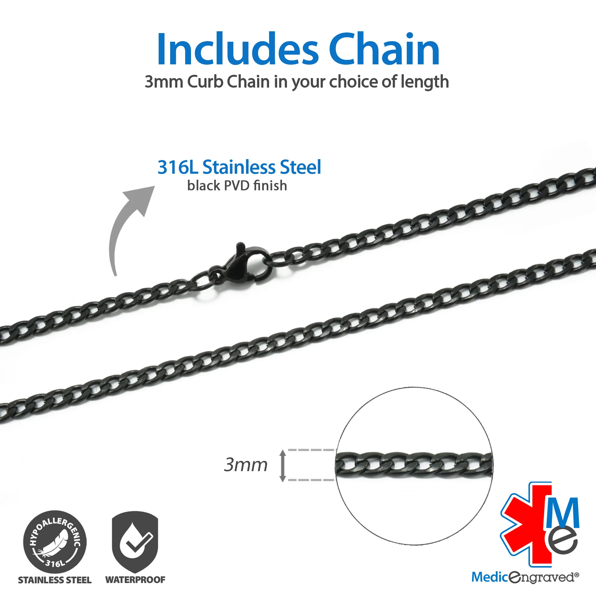 MRP-BRD - 316L Stainless Steel Black Finish 24x36mm Red Rectangle Necklace with Custom sized 3mm Curb Link Chain - Engraving Included - Image 4