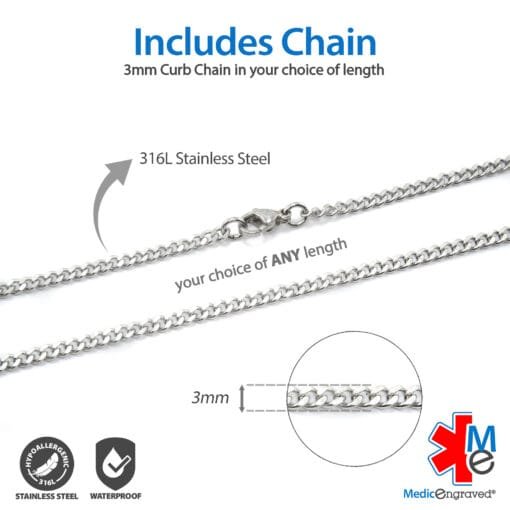 MRP-SRD - 316L Stainless Steel 24x36mm Red Rectangle Necklace with Custom sized 3mm Curb Link Chain - Engraving Included - Image 4