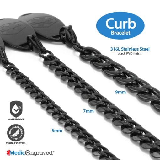 7mm Curb Link Stainless Steel Black Finish Replacement / Add-on Bracelet (bracelet only - tag not included) - BRAC-CB7 - Image 3