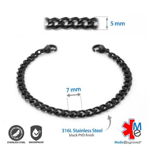 5mm Curb Link Stainless Steel Black Finish Replacement / Add-on Bracelet (bracelet only - tag not included) - BRAC-CB5 - Image 2