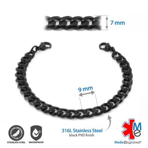 7mm Curb Link Stainless Steel Black Finish Replacement / Add-on Bracelet (bracelet only - tag not included) - BRAC-CB7 - Image 2