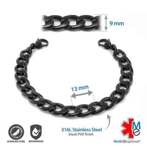 9mm Curb Link Stainless Steel Black Finish Replacement / Add-on Bracelet (bracelet only - tag not included) - BRAC-CB9 - Image 2