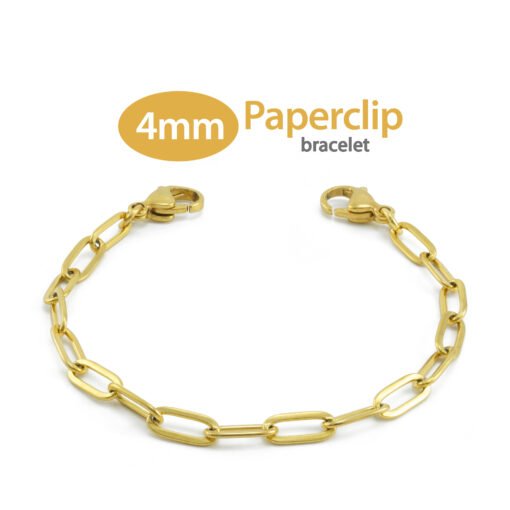 4mm Paperclip Link in Stainless Steel Yellow Gold Finish - Replacement / Add-on Bracelet (bracelet only - tag not included) - BRAC-PCG4