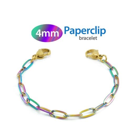 4mm Paperclip Link in Stainless Steel Yellow Gold Rainbow Finish - Replacement / Add-on Bracelet (bracelet only - tag not included) - BRAC-PCGR4