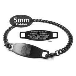 Curb Link Bracelet in 316L Stainless Steel Black Finish with Medical ID Tag - 5mm (CB5-2)
