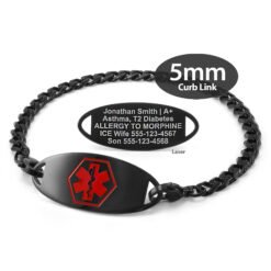 Curb Link Bracelet in 316L Stainless Steel Black Finish with Medical ID Tag - 5mm (CB5-1)