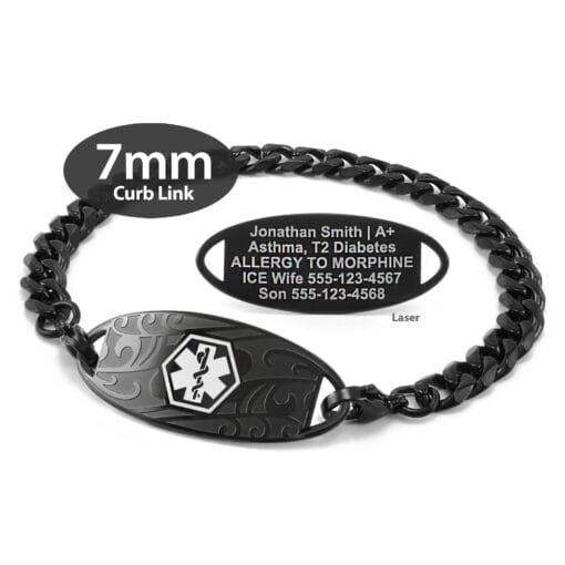 Curb Link Bracelet in 316L Stainless Steel Black Finish with Medical ID Tag - 7mm (CB7-1)