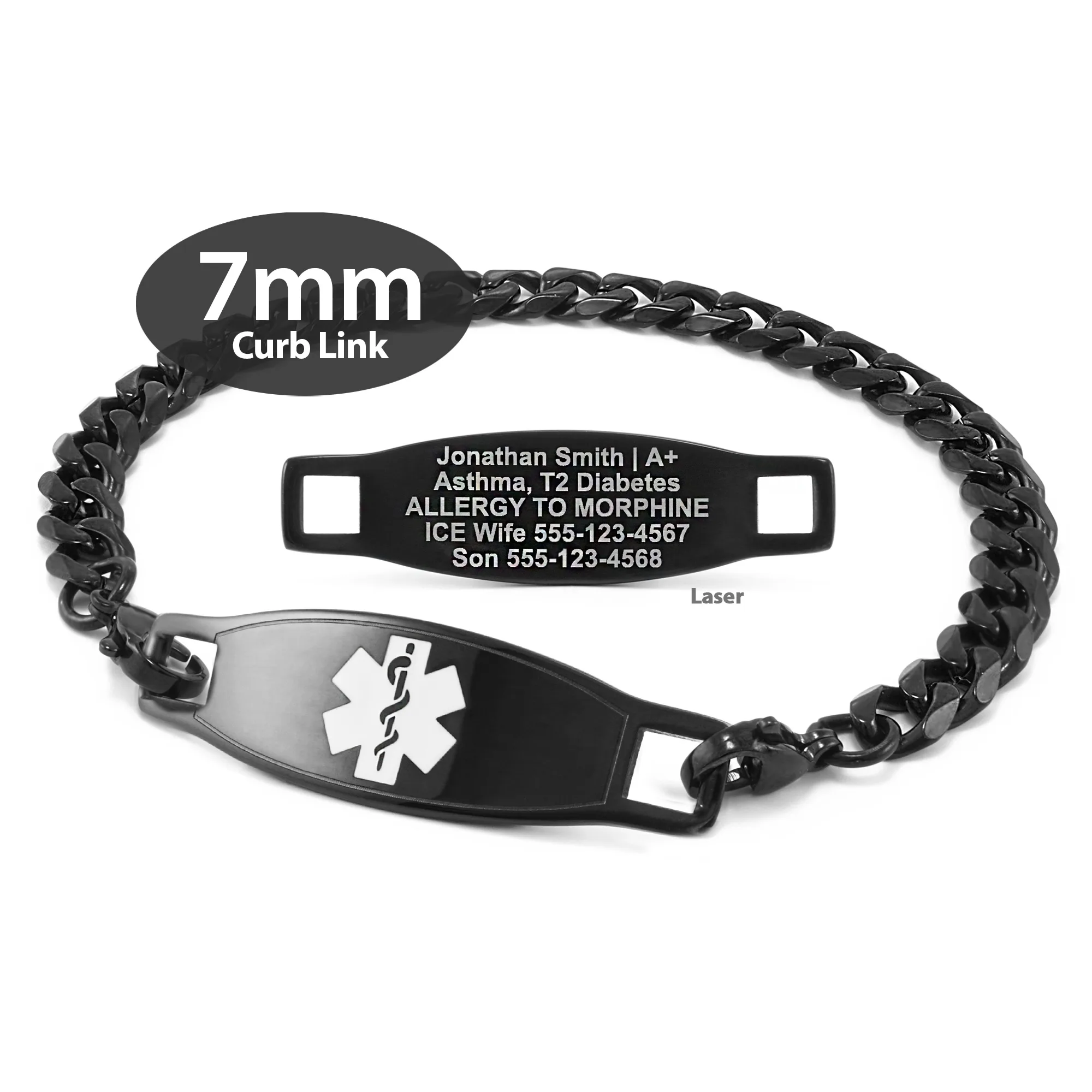 Curb Link Bracelet in 316L Stainless Steel Black Finish with Medical ID Tag - 7mm (CB7-2)
