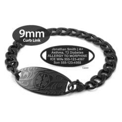 Curb Link Bracelet in 316L Stainless Steel Black Finish with Medical ID Tag - 9mm (CB9-1)