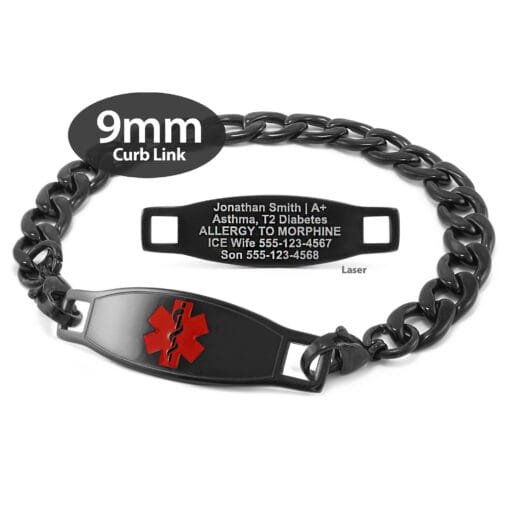 Curb Link Bracelet in 316L Stainless Steel Black Finish with Medical ID Tag - 9mm (CB9-2)