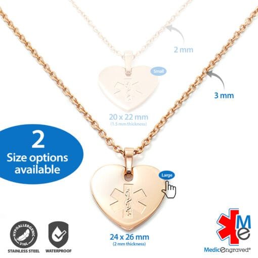 MHPM-REM - 316L Stainless Steel 24x26mm Embossed Rose Gold Finish Heart Necklace with Custom sized 3mm Oval Link Chain - Engraving Included - Image 5