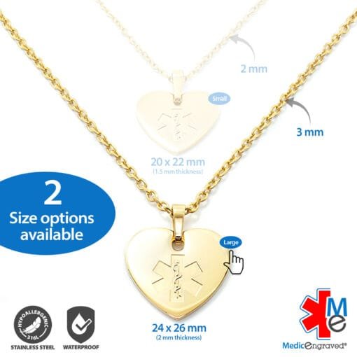 MHPM-GRD - 316L Stainless Steel 24x26mm Red Yellow Gold Finish Heart Necklace with Custom sized 3mm Oval Link Chain - Engraving Included - Image 5