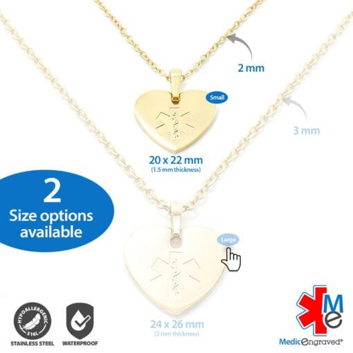 MHST-GWT - 316L Stainless Steel 20x22mm White Yellow Gold Finish Heart Necklace with Custom sized 2mm Oval Link Chain - Engraving Included - Image 5