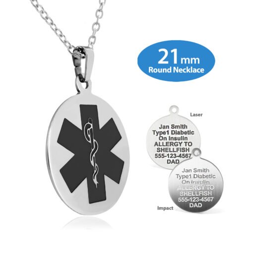 LCST-SBK - 316L Stainless Steel 21x21mm Black Circle Necklace with Custom sized 2mm Curb Link Chain - Engraving Included