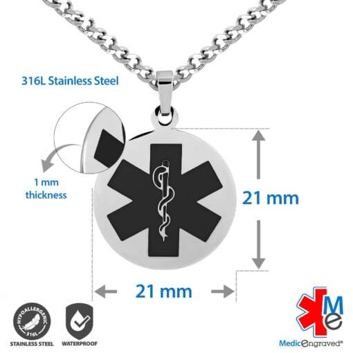 LCST-SBK - 316L Stainless Steel 21x21mm Black Circle Necklace with Custom sized 2mm Curb Link Chain - Engraving Included - Image 3