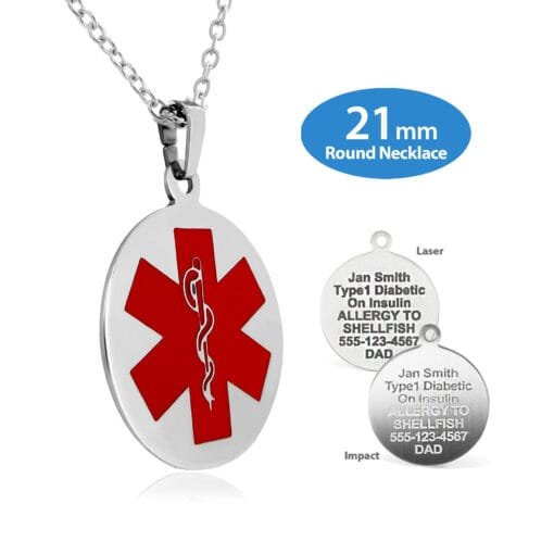 LCST-SRD - 316L Stainless Steel 21x21mm Red Circle Necklace with Custom sized 2mm Curb Link Chain - Engraving Included