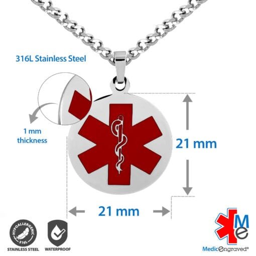 LCST-SRD - 316L Stainless Steel 21x21mm Red Circle Necklace with Custom sized 2mm Curb Link Chain - Engraving Included - Image 3