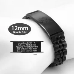 Double Fold Fancy Link Watch Band in 316L Stainless Steel Black Finish - 12mm (LD12-BEM)