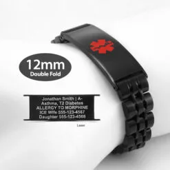 Double Fold Fancy Link Watch Band in 316L Stainless Steel Black Finish - 12mm (LD12-BRD)