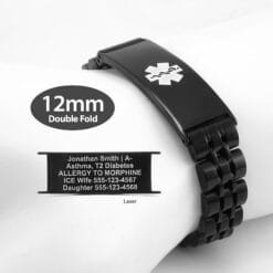 Double Fold Fancy Link Watch Band in 316L Stainless Steel Black Finish - 12mm (LD12-BWT)
