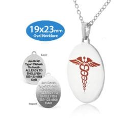 LOST-SRD - 316L Stainless Steel 19x23mm Red Oval Necklace with Custom sized 2mm Curb Link Chain - Engraving Included