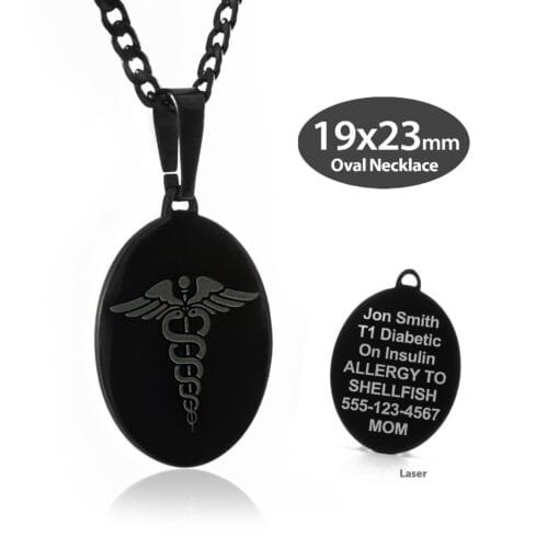 LOVL-BEM - 316L Stainless Steel Black Finish 21x27mm Embossed Oval Necklace with Custom sized 3mm Curb Link Chain - Engraving Included