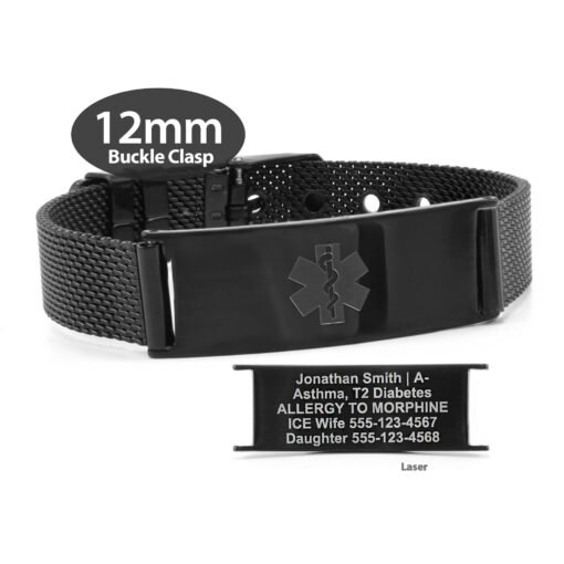 Buckle Clasp Medical ID Mesh Band in 316L Stainless Steel Black Finish - 12mm (MB12-BEM)