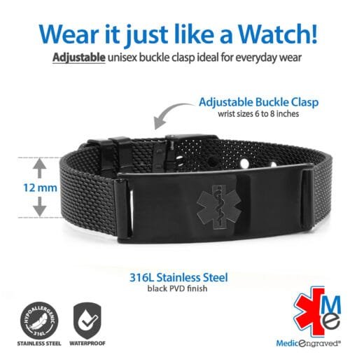 Buckle Clasp Medical ID Mesh Band in 316L Stainless Steel Black Finish - 12mm (MB12-BEM) - Image 3