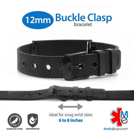 Buckle Clasp Medical ID Mesh Band in 316L Stainless Steel Black Finish - 12mm (MB12-BEM) - Image 5