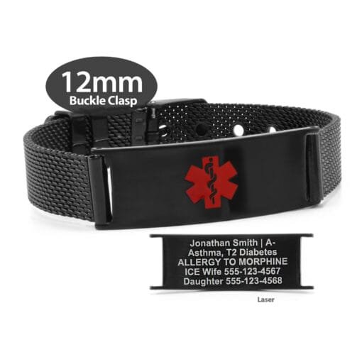 Buckle Clasp Medical ID Mesh Band in 316L Stainless Steel Black Finish - 12mm (MB12-BRD)