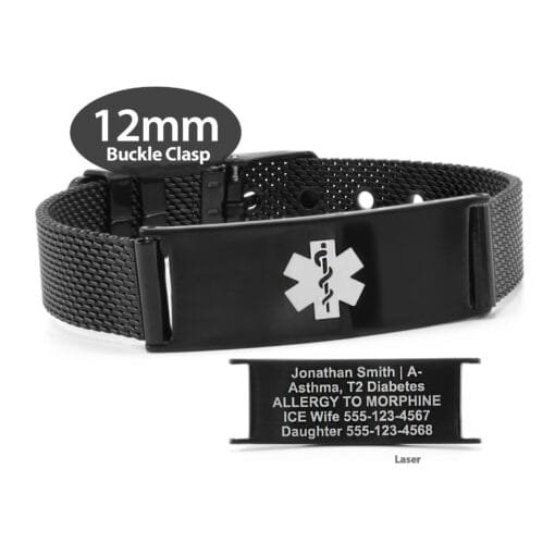 Buckle Clasp Medical ID Mesh Band in 316L Stainless Steel Black Finish - 12mm (MB12-BWT)