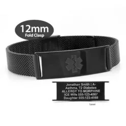 Fold Clasp Medical ID Mesh Band in 316L Stainless Steel Black Finish - 12mm (MF12-BEM)