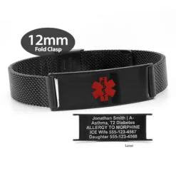 Fold Clasp Medical ID Mesh Band in 316L Stainless Steel Black Finish - 12mm (MF12-BRD)