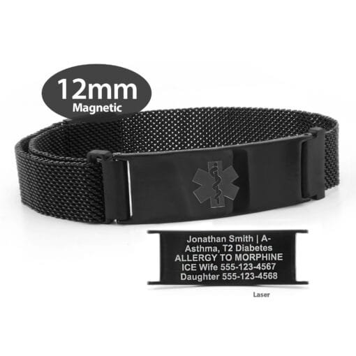 Magnetic Medical ID Mesh Band  in 316L Stainless Steel Black Finish - 12mm (MG12-BEM)