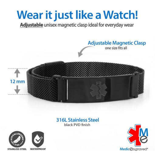 Magnetic Medical ID Mesh Band  in 316L Stainless Steel Black Finish - 12mm (MG12-BEM) - Image 3