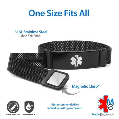 Magnetic Medical ID Mesh Band  in 316L Stainless Steel Black Finish - 12mm (MG12-BEM) - Image 5