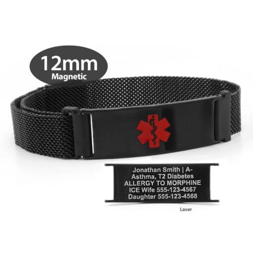 Magnetic Medical ID Mesh Band  in 316L Stainless Steel Black Finish - 12mm (MG12-BRD)