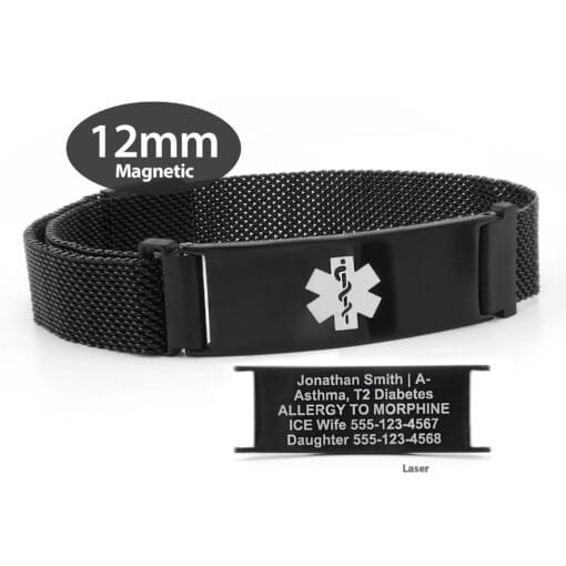 Magnetic Medical ID Mesh Band  in 316L Stainless Steel Black Finish - 12mm (MG12-BWT)