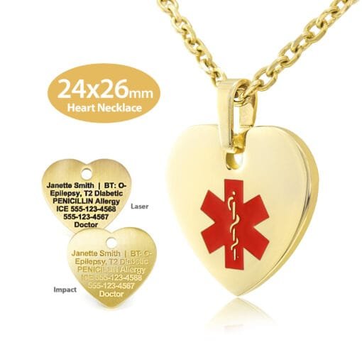 MHPM-GRD - 316L Stainless Steel 24x26mm Red Yellow Gold Finish Heart Necklace with Custom sized 3mm Oval Link Chain - Engraving Included