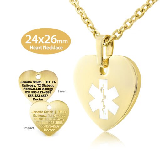 MHPM-GWT - 316L Stainless Steel 24x26mm White Yellow Gold Finish Heart Necklace with Custom sized 3mm Oval Link Chain - Engraving Included