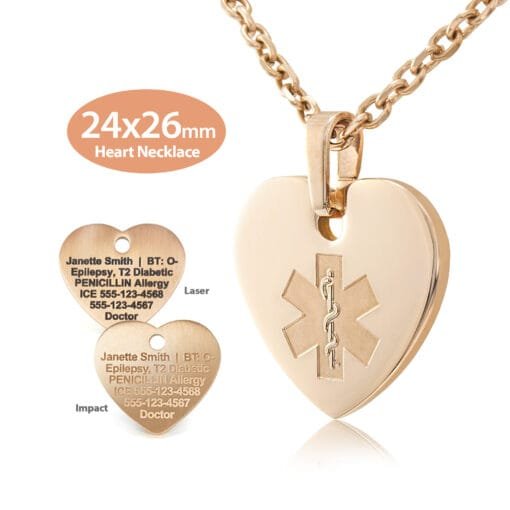 MHPM-REM - 316L Stainless Steel 24x26mm Embossed Rose Gold Finish Heart Necklace with Custom sized 3mm Oval Link Chain - Engraving Included