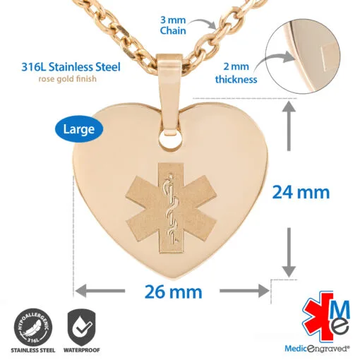 MHPM-RRD - 316L Stainless Steel 24x26mm Red Rose Gold Finish Heart Necklace with Custom sized 3mm Oval Link Chain - Engraving Included - Image 3