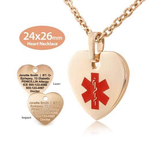 MHPM-RRD - 316L Stainless Steel 24x26mm Red Rose Gold Finish Heart Necklace with Custom sized 3mm Oval Link Chain - Engraving Included