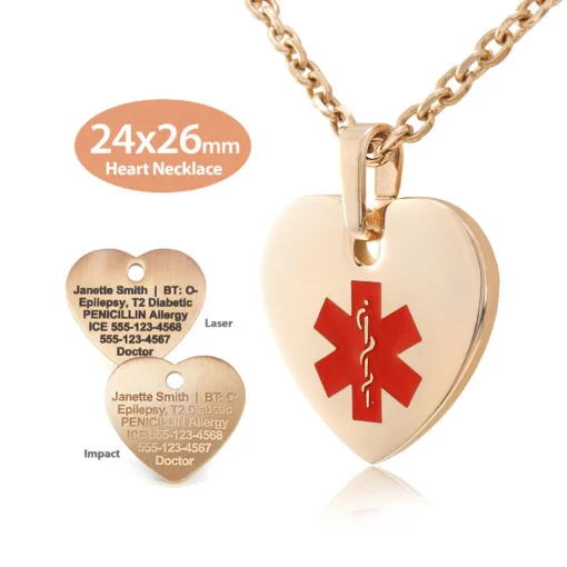 MHPM-RRD - 316L Stainless Steel 24x26mm Red Rose Gold Finish Heart Necklace with Custom sized 3mm Oval Link Chain - Engraving Included