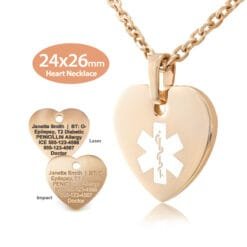 MHPM-RWT - 316L Stainless Steel 24x26mm White Rose Gold Finish Heart Necklace with Custom sized 3mm Oval Link Chain - Engraving Included